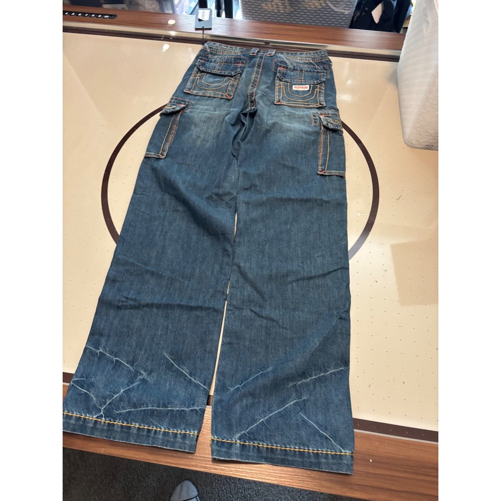 257 True Religion Mosaic Canyon Cargo Pant Big T Blue Denim Wide Leg Size 25 - Picture 7 of 8